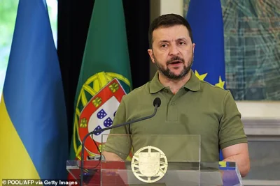 More than two years into the deadliest war in Europe since World War Two, Western allies are debating how to stop Russian military advances while Putin is increasingly evoking the risk of a global war. Pictured, Ukraine's President Volodymyr Zelensky on a trip to Portugal this week