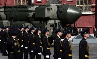 A Russian nuclear Topol-M missile is driven in the Victory Day march parade on May 9, 2010 at Red Square