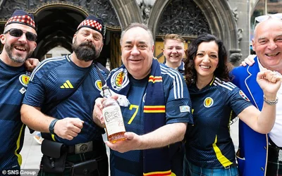 Former First Minister of Scotland Alex Salmond and Scotland fans are pictured in Munich as Scotland got ready to compete in the 2024 UEFA European Football Championship, in June