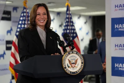 Kamala Harris speaks to campaign staff and supporters in Delaware on July 22.