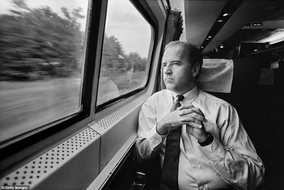 Biden, still a senator, rides the train back to Washington DC in September of 1988. He got the nickname 'Amtrak Joe' for how frequently he'd ride the train between his home in Wilmington and Washington DC, which also earned him working class bona fides