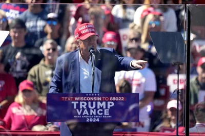 Republican presidential nominee former President Donald Trump speaks during a campaign event at Central Wisconsin Airport, Saturday, Sept. 7, 2024, in Mosinee, Wisconsin. AP PHOTO