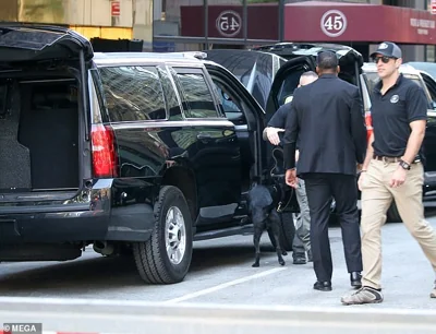 A sniffer dog was seen at Trump Tower inspecting every vehicle before the former First Lady and Trump's youngest child set off on their travels