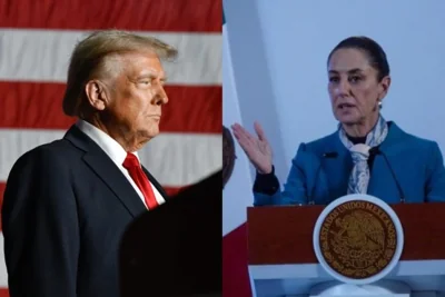 A split screen image of US President-elect Donald Trump on the left and Mexican President Claudia Sheinbaum on the right