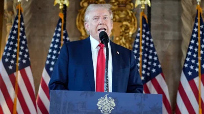 Republican presidential nominee former President Donald Trump speaks to reporters at his Mar-a-Lago estate Thursday, Aug. 8, 2024, in Palm Beach, Fla. 