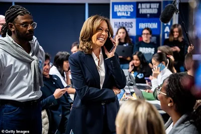 Democratic presidential nominee, U.S. Vice President Kamala Harris drops by a phone bank event at the Democratic National Committee headquarters on Election Day November 05, 2024 in Washington, DC