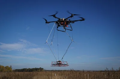 A Ukraine-made Mines Eye drone looks for mines in an agricultural field near front line in the Kharkiv region, Ukraine, Wednesday, Oct. 23, 2024. (AP Photo/Andrii Marienko)