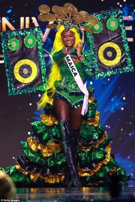 Miss Jamaica, Rachel Silvera, adorned a magnificent ruffled dress paying homage to the flag of her home nation