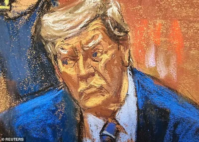 Former U.S. President Donald Trump attends the jury selection of his criminal trial on charges that he falsified business records to conceal money paid to silence porn star Stormy Daniels in 2016, in Manhattan state court in New York City, U.S. April 16, 2024 in this courtroom sketch