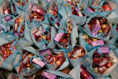 Bags of groceries seen from overhead. 