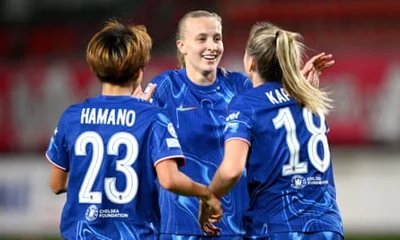 Agnes Beever Jones of Chelsea celebrates a goal during the UEFA Champions League women’s match against FC Twente