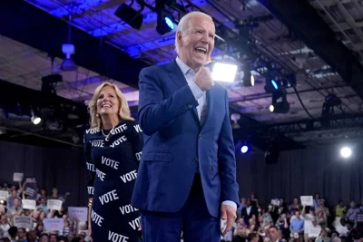 NOT A QUITTER? United States President Joe Biden and first lady Jill Biden walk off stage after speaking at a campaign rally in Raleigh, North Carolina, on June 28, 2024. AP PHOTO