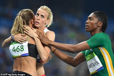 Canada's Melissa Bishop hugged Britain's Lynsey Sharp, while gold medallist Caster Semenya offered them both her consolation