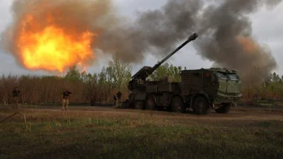 Gunners from 43rd Separate Mechanized Brigade of the armed forces of Ukraine fire at a Russian position with a 155 mm self-propelled howitzer 2C22 "Bohdana," in the Kharkiv region, on April 21, 2024 amid the Russian invasion of Ukraine.