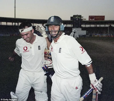 England skipper Nasser Hussain (left) and Graham Thorpe (right) celebrate after England won a historic series win against Pakistan in 2000. They were best friends