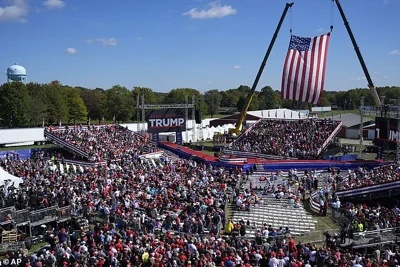 Supporters arrive before Republican presidential nominee former President Donald Trump speaks at a campaign event at the Butler Farm Show, Saturday, Oct. 5, 2024, in Butler, Pa