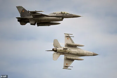 Romania deployed F-16 warplanes to monitor its airspace, and Nato allies were kept informed, its ministry of national defence said. Emergency authorities also issued text alerts to residents of two eastern regions (file image of Romanian air force F-16 fighter planes)