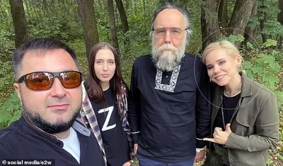 One of the first public birthday wishes dedicated to the Russian President came from ultra-nationalist Russian ideologue Alexander Dugin (centre right alongside daughter Daria Dugina, who was killed in a suspected car bombing)