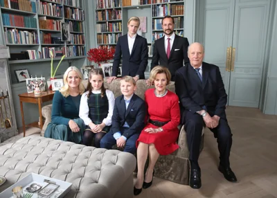 Back row from left, Marius Borg Hoiby and Crown Prince Haakon, front row from left, Crown Princess Mette-Marit, Princess Ingrid Alexandra, Prince Sverre Magnus, Queen Sonja and King Harald pose during a Christmas photo session at Skaugum, the the residence of the Crown Prince and Crown Princess of Norway, in Asker, Norway, Monday, Dec. 14, 2015. (Lise Aaserud/Pool Photo via AP)