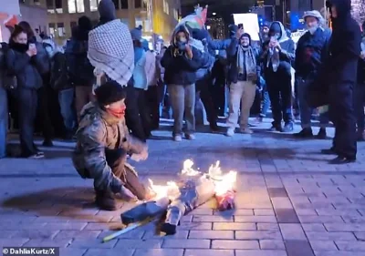 Anti-Israel protestors burned an effigy in the middle of the street of Israeli Prime Minister Benjamin Netanyahu