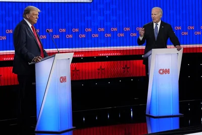President Joe Biden, right, and Republican presidential candidate former President Donald Trump, left, participate in a presidential debate hosted by CNN, June 27, 2