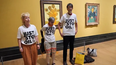 Three Just Stop Oil supporters have thrown soup over two of Van Gogh's paintings in the 'Poets and Lovers' exhibition at the National Gallery after fellow activists were jailed for doing the same thing in 2022