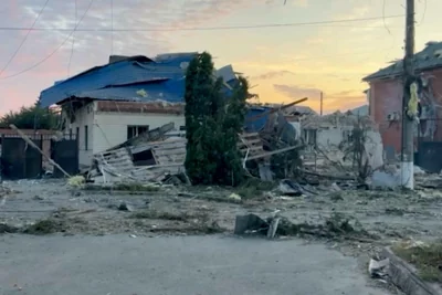 Destroyed buildings in the town of Sudzha following an incursion of Ukrainian troops into the Kursk region