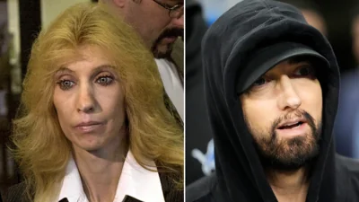 This split image shows Debbie Nelson, right, mother of rap star Eminem, on April 10, 2001, and Eminem, right, Jan. 14, 2024, in Detroit. 