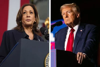 A diptych of Donald Trump on the right and Kamala Harris on the left.