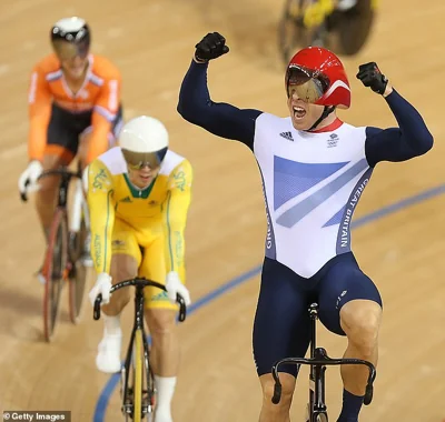 Hoy pictured celebrating after winning the gold medal final of the men's keirin event in 2012