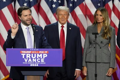 Donald Trump gave a victory speech on stage in Florida with his VP pick JD Vance and wife Melania