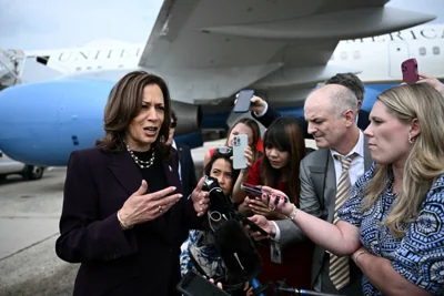 Kamala Harris steps off Air Force Two upon arrival at Joint Base Andrews in Maryland on Thursday July 25 2024. She later taunted Trump for backing out of debate