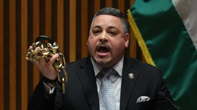 New York City Police Department (NYPD) Commissioner Edward Caban and Mayor Eric Adams appear at a press conference in New York