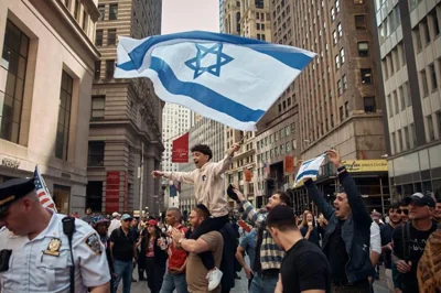 A pro-Israeli protester waves their national flag to counter-protest a pro-Palestinian demonstration calling for economic blockade demanding a cease-fire on the Israel-Palestine conflict outside the New York Stock Exchange NYSE in New York, April 15. AP-Yonhap 