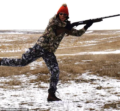 A Facebook picture shows South Dakota Gov. Kristi Noem with a gun. In her forthcoming book she writes about Cricket, a 14-month-old wirehair pointer, that Noem shot dead in the gravel pit on her family property, moments before her children came home from school