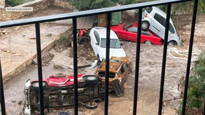 Cars piled up in Letur, Albacete, after flash floods