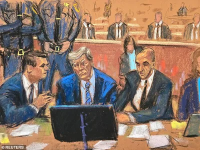 Cameras are not allowed in court 1530 so sketch artists provide images of the action. Former President Donald Trump is seen here with his lawyers Todd Blanche (left) and Emil Bove (right)
