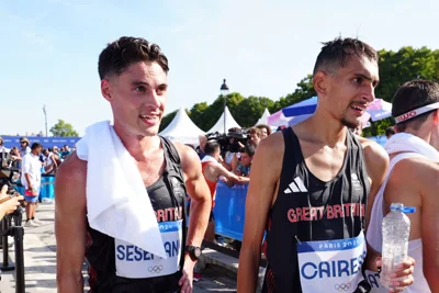 Great Britain’s Philip Sesemann (left) and Emile Cairess at the finish of the men’s marathon (David Davies, PA)