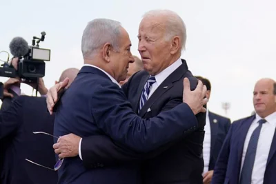 President Joe Biden is greeted by Israeli Prime Minister Benjamin Netanyahu after arriving at Ben Gurion International Airport, on Oct. 18, 2023, in Tel Aviv. Biden has publicly served as Israel’s strongest ally during its war on Gaza.