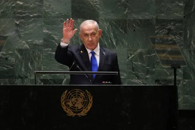 Israeli Prime Minister Benjamin Netanyahu gestures after speaking during the 79th Session of the United Nations General Assembly at the United Nations headquarters in New York City on September 27, 2024. AFP PHOTO