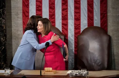 Vice President Kamala Harris embraces then-Speaker of the House Nancy Pelosi in Washington, DC., in 2022.