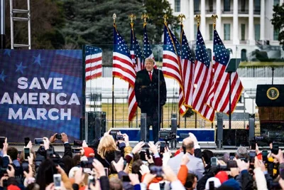 Former President Donald Trump speaking before a crowd on the ellipse grounds in front of the white house on Jan. 6, 2021.