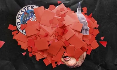 Graphic of White House, bottom of man's face and red blocks