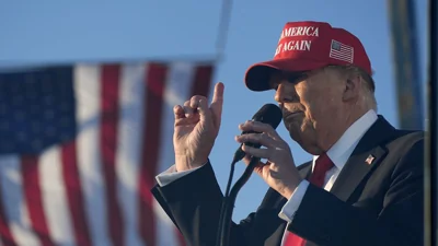 Republican presidential nominee former President Donald Trump speaks at a campaign rally at the Calhoun Ranch, 12 October, 2024