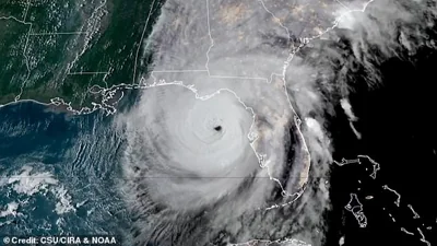 A view of the hurricane via satellite is seen with state lines and coastlines enhanced