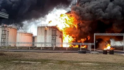 Russian oil depot ablaze after suspected Ukrainian drone strike