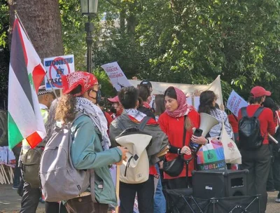 Demonstrators at Bedford Square prepare to taker part in the march