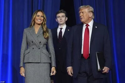 He becomes the first president in over 130 years to win a non-consecutive second term. (Pictured: Donald, wife Melania and their son Barron on stage in West Palm Beach as Trump delivered his victory speech on Tuesday night).