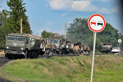 A view of the column of Russian Army trucks damaged by shelling by he Ukrainian Armed Forces on the highway in the Sudzhansky district, Kursk region of Russia on Friday