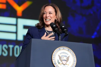 Harris delivers remarks at a Sigma Gamma Rho Sorority gathering in Houston, July 31. Her campaign launched ‘Republicans for Harris’ on August 4